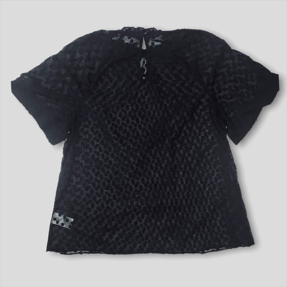 ANTHRO (FEATHER BONE) Black Sheer Ruffle Collar Embossed Polka Dot Top